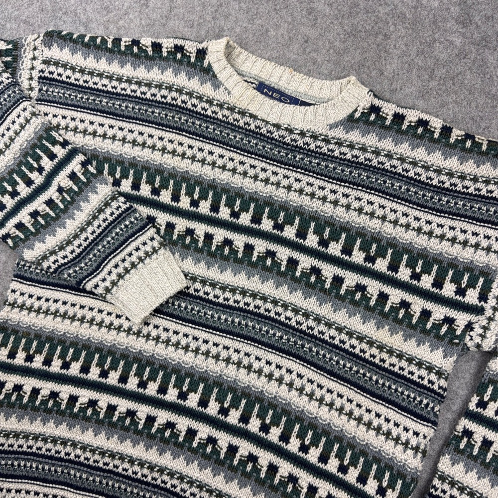 VTG Northeast Outfitters Sweater Mens XL Green Fair Isle Cotton Knit 90s USA